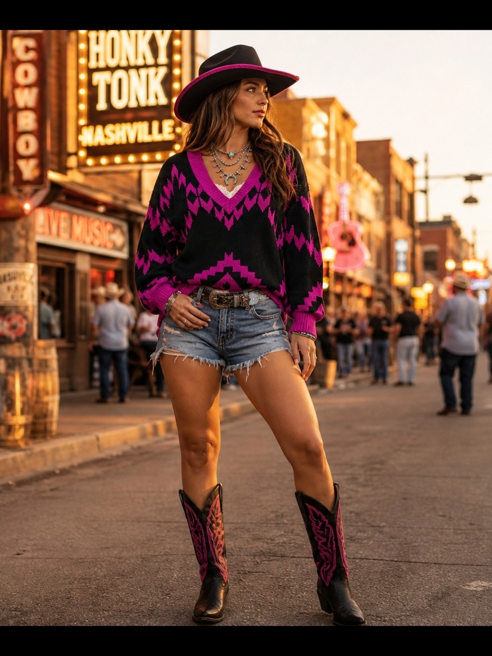 Wrangler Black & Magenta V-Neck Aztec Knit Sweater